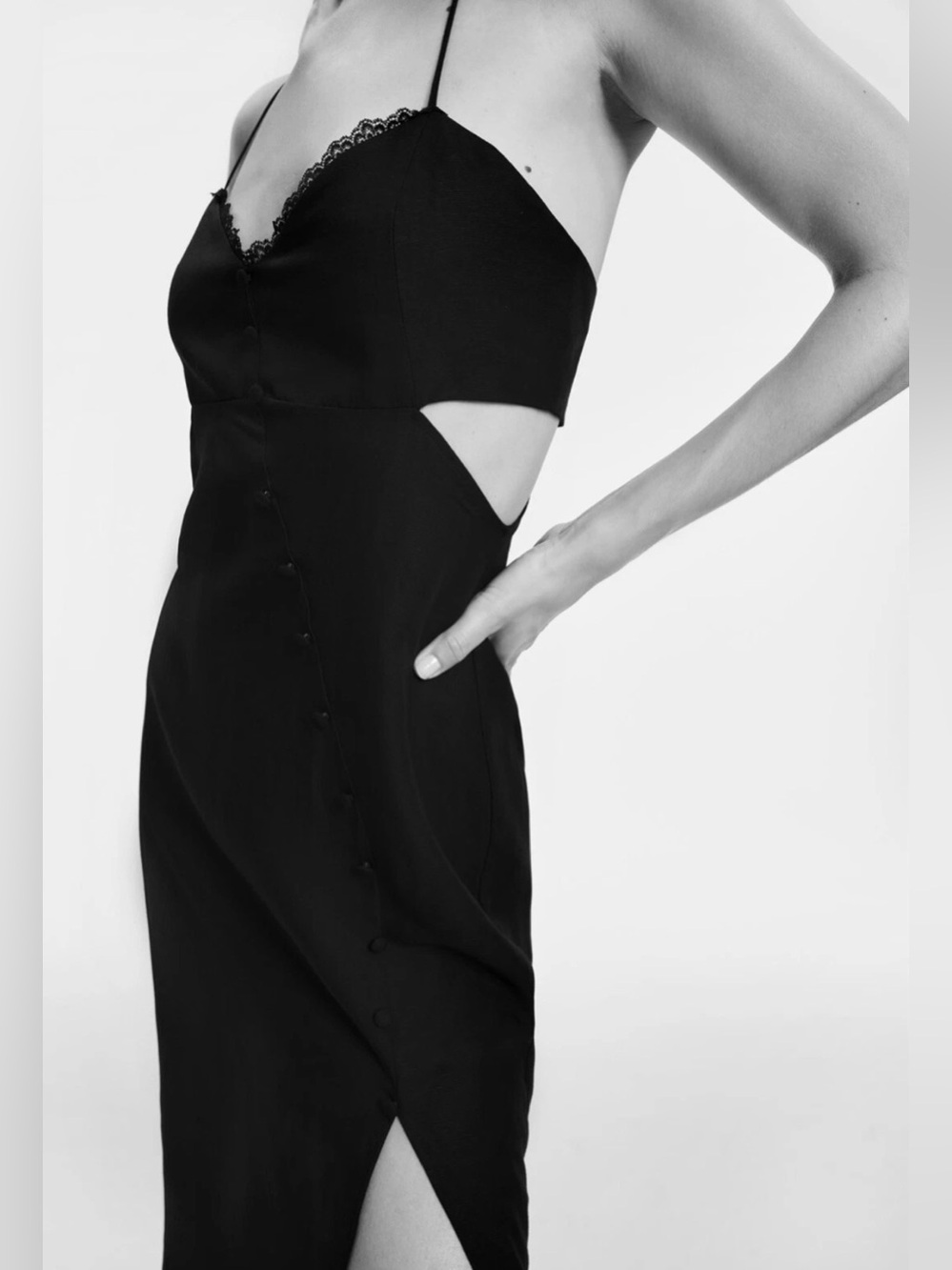 Zara linen blend Black Backless Slip Dress with Lace Trim & buttons details